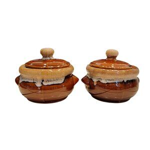 Vintage Brown Glazed Ceramic Soup Bowls With Lids - Handcrafted Drip Design